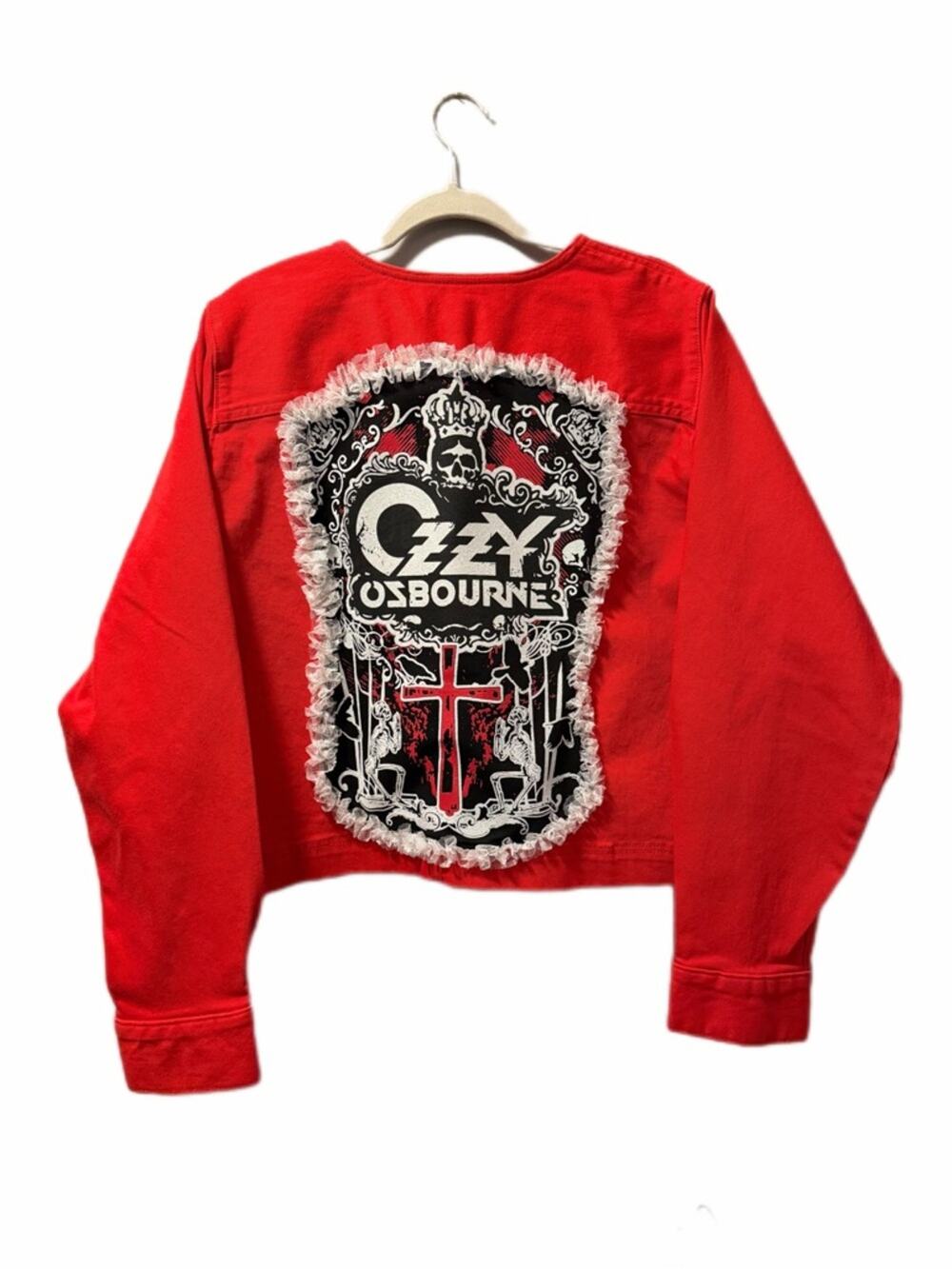 Ozzy Osbourne upcycle Red Graphic denim Jacket lace handmade